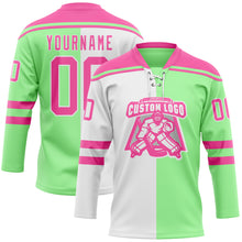 Charger l'image dans la galerie, Custom Pea Green Pink-White Split Fashion Hockey Lace Neck Jersey