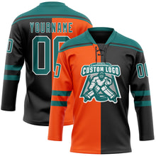 Charger l'image dans la galerie, Custom Black Teal Orange-White Split Fashion Hockey Lace Neck Jersey