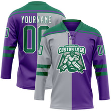 Charger l'image dans la galerie, Custom Purple Kelly Green Gray-White Split Fashion Hockey Lace Neck Jersey
