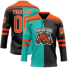 Charger l'image dans la galerie, Custom Black Orange Aqua-White Split Fashion Hockey Lace Neck Jersey