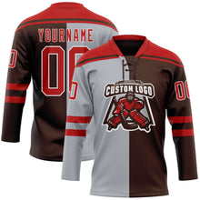 Laden Sie das Bild in den Galerie-Viewer, Custom Brown Red Gray-White Split Fashion Hockey Lace Neck Jersey