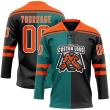 Charger l'image dans la galerie, Custom Black Orange Teal-White Split Fashion Hockey Lace Neck Jersey