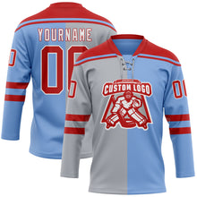 Load image into Gallery viewer, Custom Powder Blue Red Gray-White Split Fashion Hockey Lace Neck Jersey