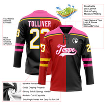 Charger l'image dans la galerie, Custom Black White Red Pink-Yellow Split Fashion Hockey Lace Neck Jersey