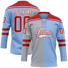 Load image into Gallery viewer, Custom Light Blue Red Gray-White Split Fashion Hockey Lace Neck Jersey