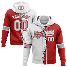Load image into Gallery viewer, Custom Red White-Gray Split Ripped Pattern Baseball Pullover Sweatshirt Hoodie