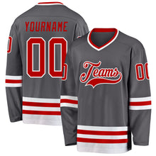 Laden Sie das Bild in den Galerie-Viewer, Custom Steel Gray Red-White Hockey Jersey