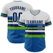 Load image into Gallery viewer, Custom White US Navy Blue Blue-Aurora Green Block Stripes Lines Minnesota Style Authentic Baseball Jersey