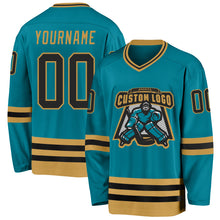 Charger l'image dans la galerie, Custom Teal Black-Old Gold Hockey Jersey
