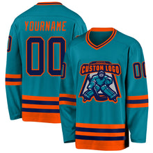 Загрузить изображение в средство просмотра галереи, Custom Teal Navy-Orange Hockey Jersey