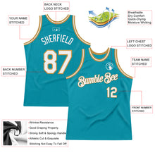 Laden Sie das Bild in den Galerie-Viewer, Custom Teal White-Old Gold Authentic Throwback Basketball Jersey