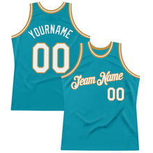 Laden Sie das Bild in den Galerie-Viewer, Custom Teal White-Old Gold Authentic Throwback Basketball Jersey