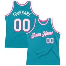 Laden Sie das Bild in den Galerie-Viewer, Custom Teal White-Pink Authentic Throwback Basketball Jersey