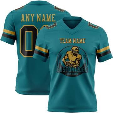 Custom Teal Black-Old Gold Authentic Football Jersey