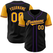 Load image into Gallery viewer, Custom Black Gold-Purple Authentic Two Tone Baseball Jersey