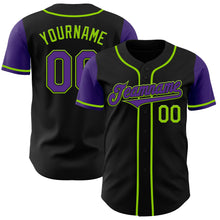 Load image into Gallery viewer, Custom Black Purple-Neon Green Authentic Two Tone Baseball Jersey