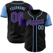 Laden Sie das Bild in den Galerie-Viewer, Custom Black Purple-Light Blue Authentic Two Tone Baseball Jersey