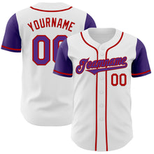 Load image into Gallery viewer, Custom White Purple-Red Authentic Two Tone Baseball Jersey
