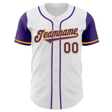 Load image into Gallery viewer, Custom White Purple-Gold Authentic Two Tone Baseball Jersey