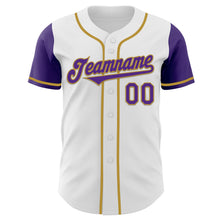 Load image into Gallery viewer, Custom White Purple-Old Gold Authentic Two Tone Baseball Jersey