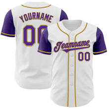 Load image into Gallery viewer, Custom White Purple-Old Gold Authentic Two Tone Baseball Jersey