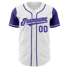 Load image into Gallery viewer, Custom White Purple-Light Blue Authentic Two Tone Baseball Jersey
