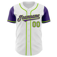 Load image into Gallery viewer, Custom White Purple-Neon Green Authentic Two Tone Baseball Jersey