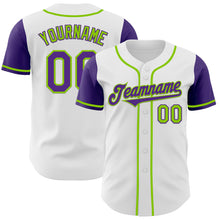 Load image into Gallery viewer, Custom White Purple-Neon Green Authentic Two Tone Baseball Jersey