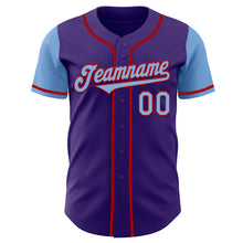 Load image into Gallery viewer, Custom Purple Light Blue-Red Authentic Two Tone Baseball Jersey