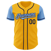 Laden Sie das Bild in den Galerie-Viewer, Custom Gold Light Blue-Navy Authentic Two Tone Baseball Jersey