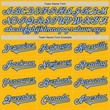 Laden Sie das Bild in den Galerie-Viewer, Custom Gold Light Blue-Navy Authentic Two Tone Baseball Jersey