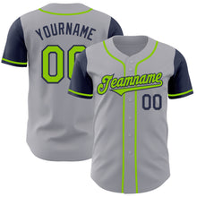 Laden Sie das Bild in den Galerie-Viewer, Custom Gray Neon Green-Navy Authentic Two Tone Baseball Jersey