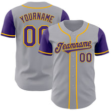 Laden Sie das Bild in den Galerie-Viewer, Custom Gray Purple-Gold Authentic Two Tone Baseball Jersey
