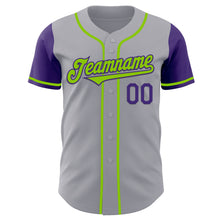 Laden Sie das Bild in den Galerie-Viewer, Custom Gray Neon Green-Purple Authentic Two Tone Baseball Jersey