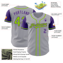 Laden Sie das Bild in den Galerie-Viewer, Custom Gray Neon Green-Purple Authentic Two Tone Baseball Jersey