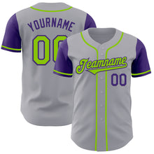 Laden Sie das Bild in den Galerie-Viewer, Custom Gray Neon Green-Purple Authentic Two Tone Baseball Jersey