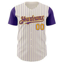 Load image into Gallery viewer, Custom Cream Purple Pinstripe Gold Authentic Two Tone Baseball Jersey