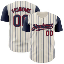 Load image into Gallery viewer, Custom Cream Navy Pinstripe Crimson Authentic Two Tone Baseball Jersey