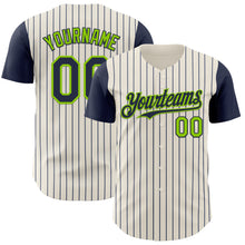 Load image into Gallery viewer, Custom Cream Navy Pinstripe Neon Green Authentic Two Tone Baseball Jersey