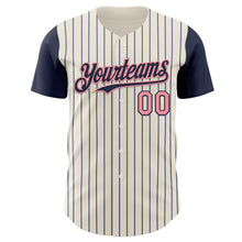 Load image into Gallery viewer, Custom Cream Navy Pinstripe Medium Pink Authentic Two Tone Baseball Jersey