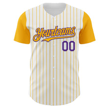 Load image into Gallery viewer, Custom White Gold Pinstripe Purple Authentic Two Tone Baseball Jersey