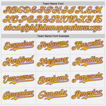 Load image into Gallery viewer, Custom White Gold Pinstripe Purple Authentic Two Tone Baseball Jersey