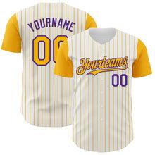 Load image into Gallery viewer, Custom White Gold Pinstripe Purple Authentic Two Tone Baseball Jersey