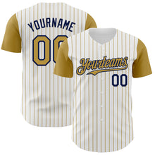 Load image into Gallery viewer, Custom White Old Gold Pinstripe Navy Authentic Two Tone Baseball Jersey