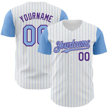 Load image into Gallery viewer, Custom White Light Blue Pinstripe Purple Authentic Two Tone Baseball Jersey