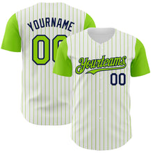 Load image into Gallery viewer, Custom White Neon Green Pinstripe Navy Authentic Two Tone Baseball Jersey