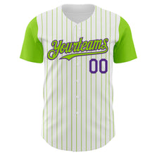 Load image into Gallery viewer, Custom White Neon Green Pinstripe Purple Authentic Two Tone Baseball Jersey