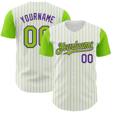 Load image into Gallery viewer, Custom White Neon Green Pinstripe Purple Authentic Two Tone Baseball Jersey