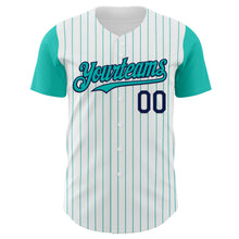 Load image into Gallery viewer, Custom White Aqua Pinstripe Navy Authentic Two Tone Baseball Jersey