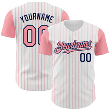 Load image into Gallery viewer, Custom White Medium Pink Pinstripe Navy Authentic Two Tone Baseball Jersey